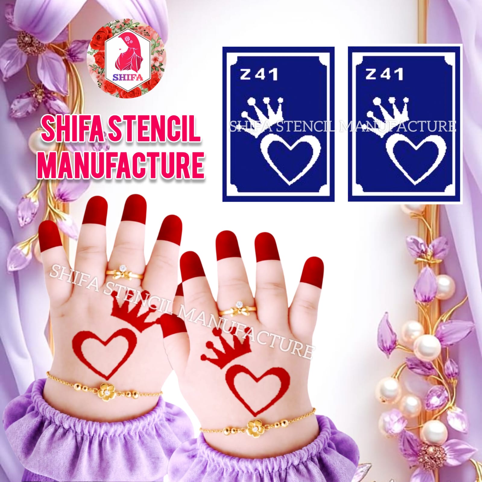 Z 41 Crown of Hearts Sticker overview Henna Stencil - Shifa Stencil